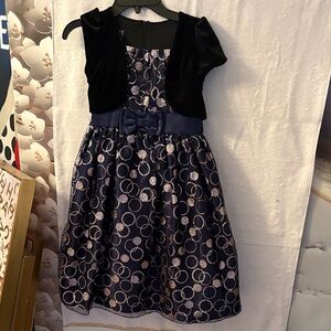 Navy Blue & Black Girls' Party Dress with Bow